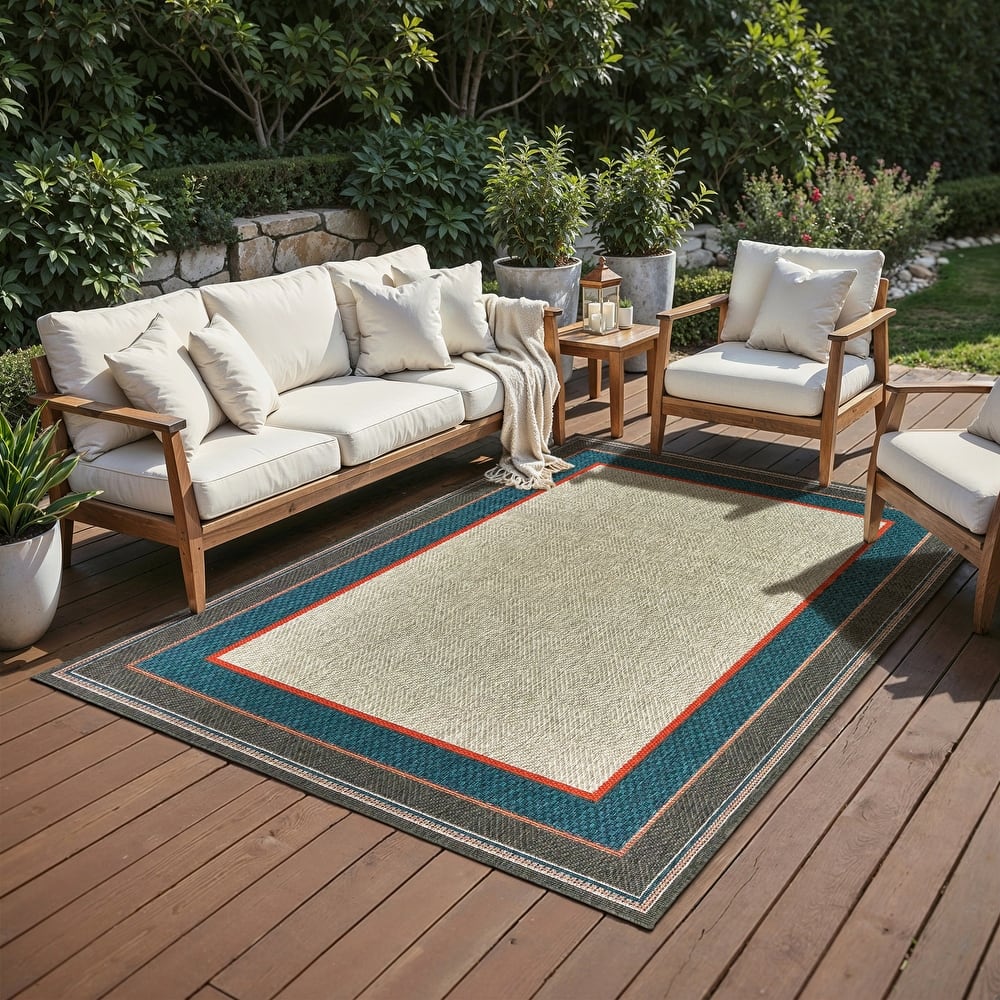 Vista Home Higgins Bordered Grey/ Blue Indoor/ Outdoor Area Rug