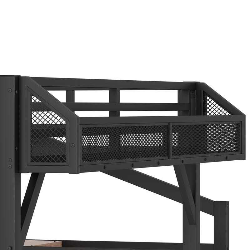 Full Loft Bed with Storage Stairs, Shelves and Built-in Wardrobe, Metal Loft Bed Frame with USB Ports and LED Lights