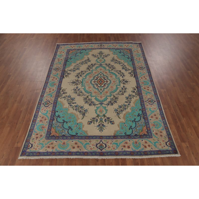 Traditional Tabriz Persian Vintage Rug Handmade Beige Wool Carpet - 6'7" x 9'3"