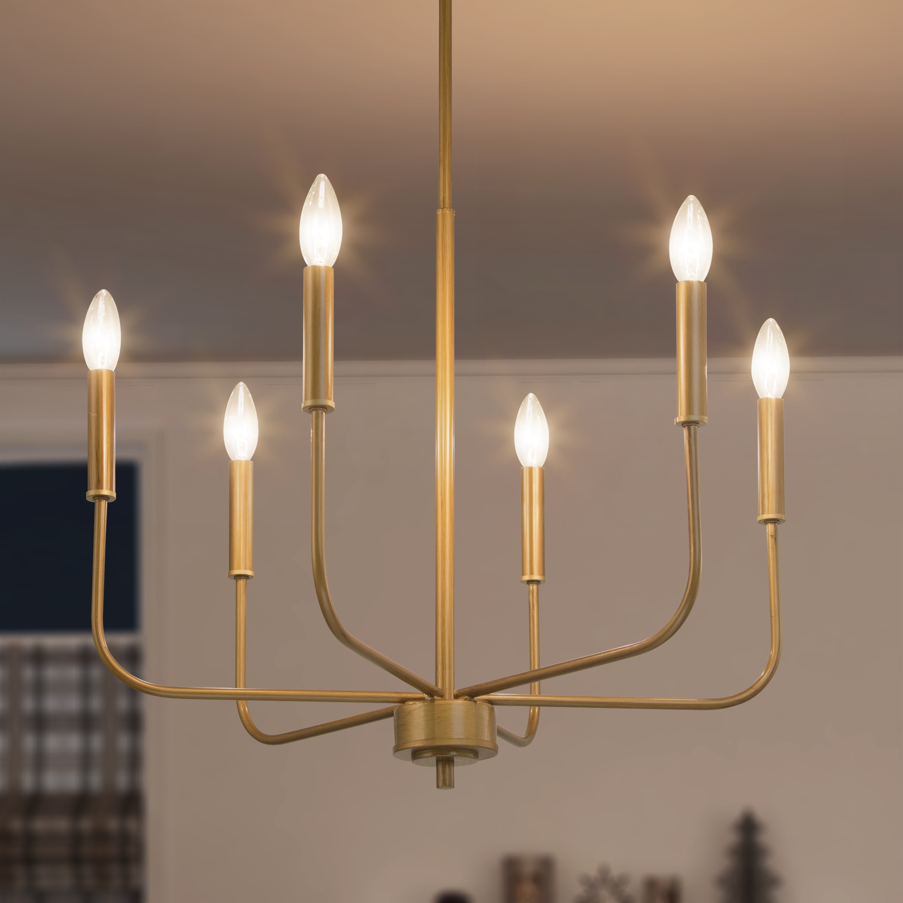 Rustic Brushed Brass Chandelier 6-light Metal Candle Pendant for Dining Room