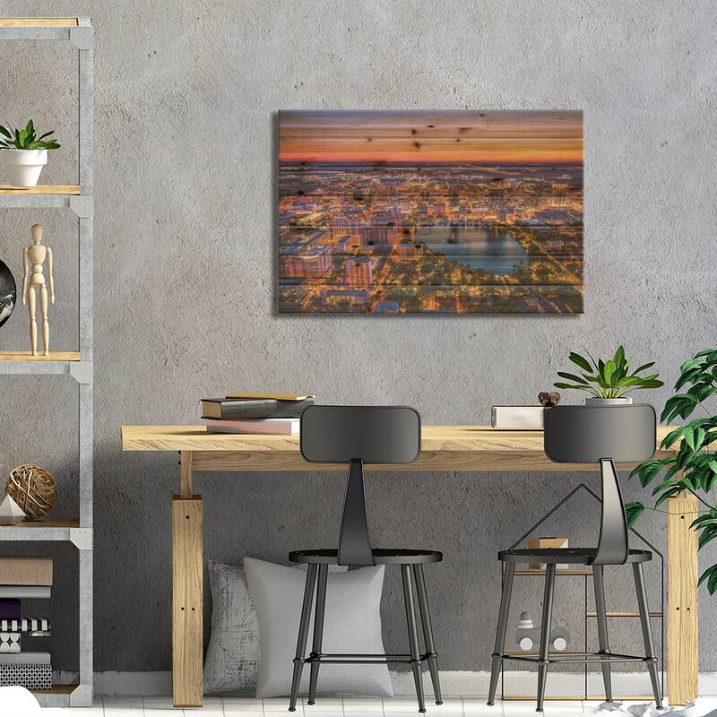 Florida Orlando Downtwon Sunset Lake Eola From Above Print On Wood by Alex G Perez - Multi-Color