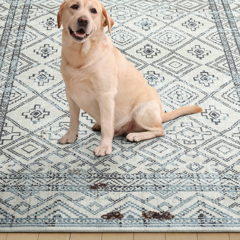 Everwash Treasure Cambria Southwest Geometric Machine Washable Area Rug, Beige/Navy Blue