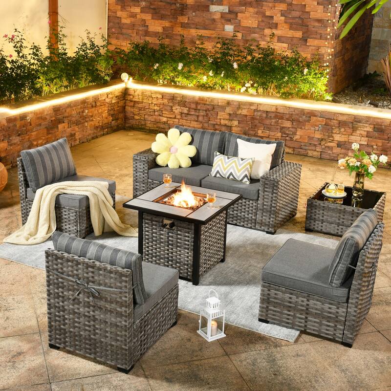 OVIOS Patio Wicker Furniture Wide Arm 7-piece Fire Pit Set with Table - Striped Grey