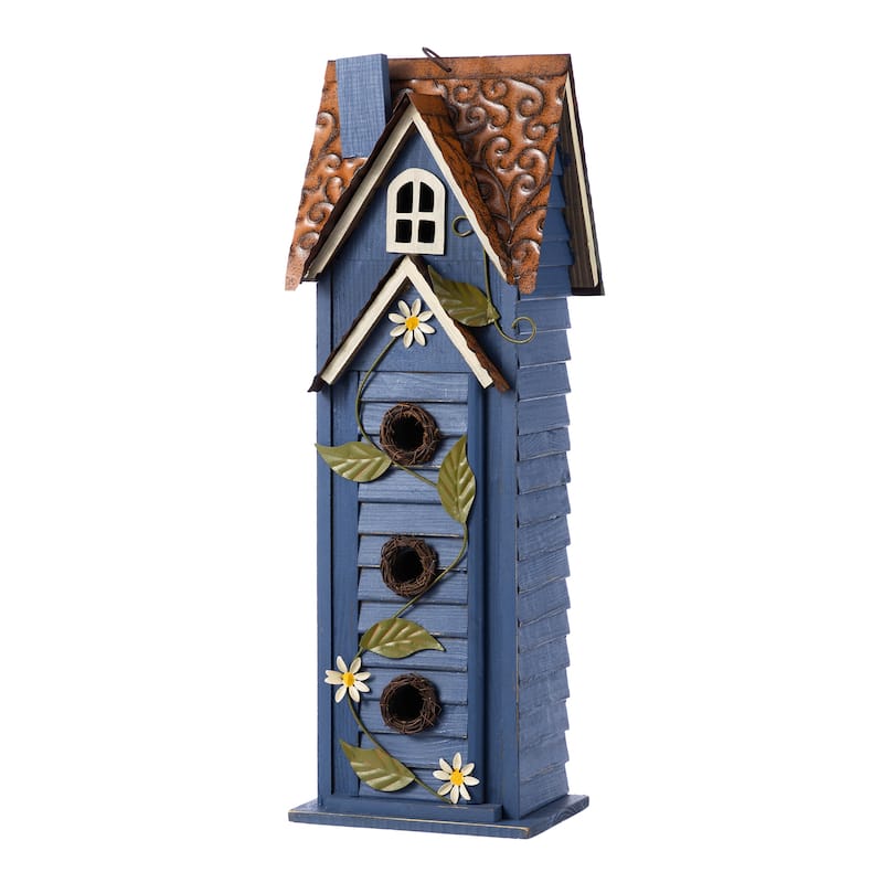 Glitzhome 24.25"H Oversized Washed Blue or White 3-Tiered Solid Wood Villa Decorative Outdoor Garden Birdhouse