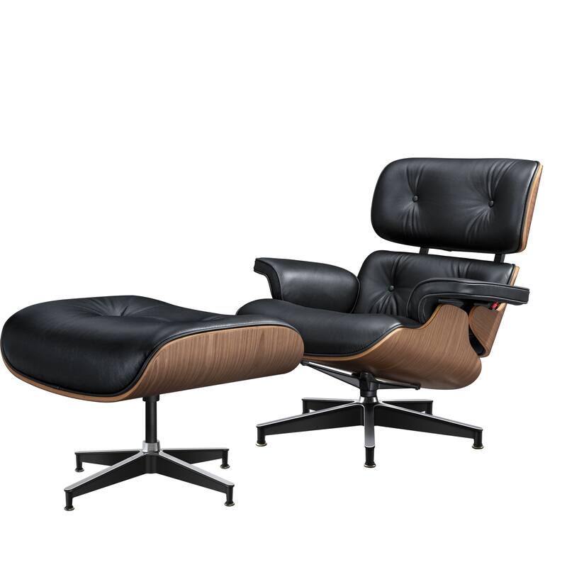 HomeRoots 27" Black and Light Brown Tufted Genuine Leather Swivel Lounge Chair With Ottoman - 27.17 in. x 27.50 in. x 20.47 in.