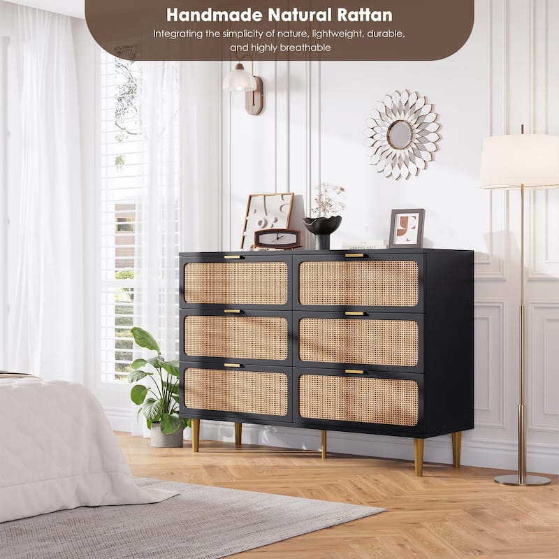 Rattan 6 Drawer Dresser for Bedroom, Large Double Dresser with Deep Drawers, Wooden Chest of Drawers for Closet with Wide Top