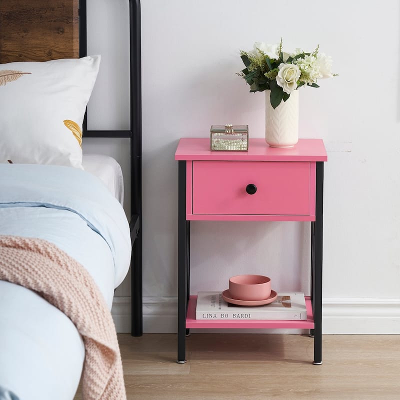 VECELO Modern Nightstand 1-Drawer with Storage Shelf, End Table/Side Table - Pink
