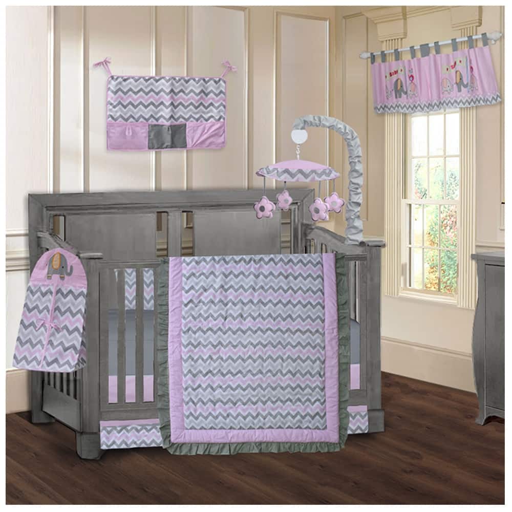 BabyFad Elephant ZigZag Pink 9 piece Crib Bedding Set