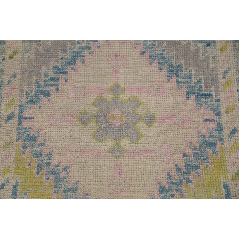 Hand Knotted Oriental 100% Wool Carpet Transitional Geometric Navy Blue & Blues Oushak Runner Rug - 13' 1'' X 3' 4''