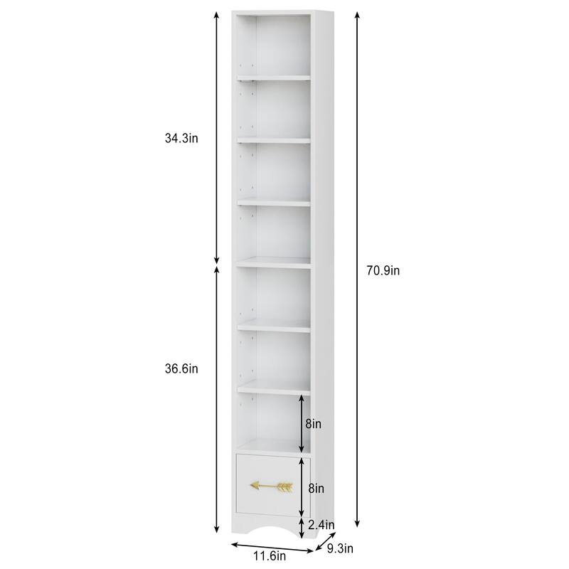 Javlergo Tall 7-Tier Adjustable Corner Bookcase with Drawer MDF Storage Shelf for Living Room Bedroom Kitchen and Entryway