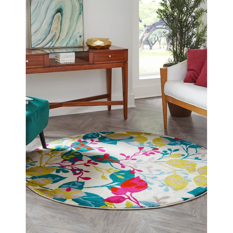 Contemporary Chorisia Collection Area Rug - 7' Round - Ivory