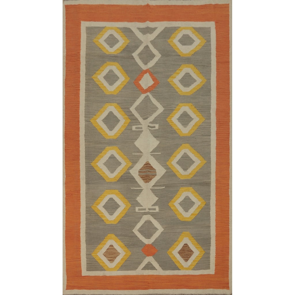 Hand Woven Oriental 100% Wool Carpet Southwestern Tribal Greys & Charcoal Kilim Area Rug - 8' 1'' X 4' 9''