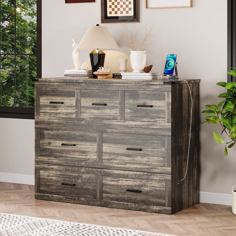 Full Murphy Cabinet Bed with Charging Station Storage Drawer Foldable Guest Room Small Space