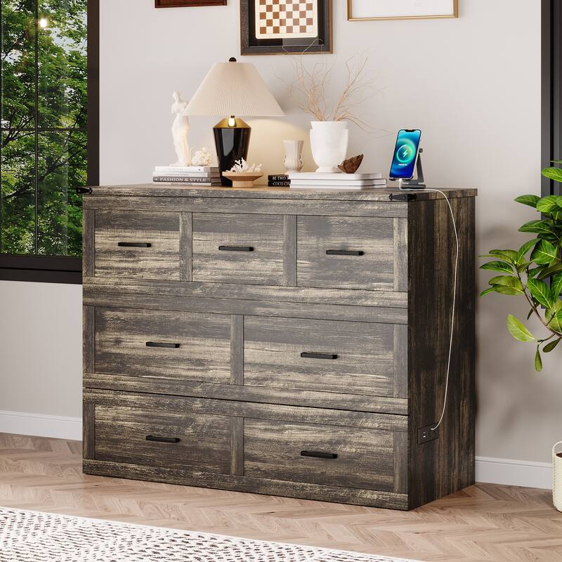 Queen/Full Size Murphy Cabinet Bed - Foldable Platform Bed with Charging Station & Large Storage Drawer