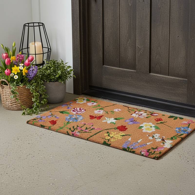 HomeRoots 17" X 29" Brown White And Green Floral Outdoor Coir Door Mat - 17.00' X '29.00 - 17.00' X '29.00