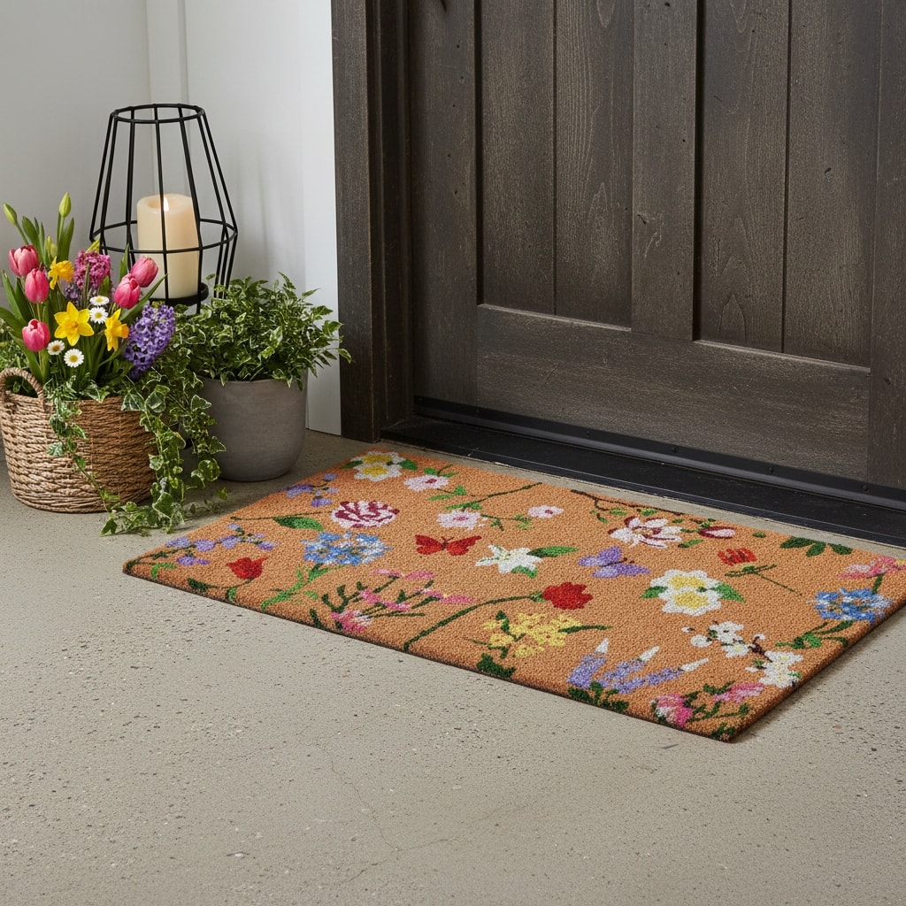 HomeRoots 17" X 29" Brown White And Green Floral Outdoor Coir Door Mat - 17.00' X '29.00