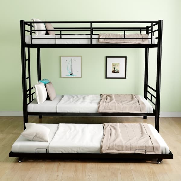slide 2 of 15, Heavy-Duty Metal Twin Over Twin Bunk Bed with Trundle for Kids and Teens Black