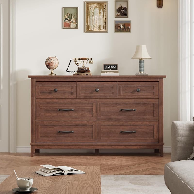 54 in 7 Drawer Wide Dresser with Storage for Living Room, Bedroom