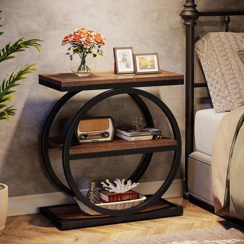 23.6" Slim Side Table Dark Brown Wood & Black Metal Frame