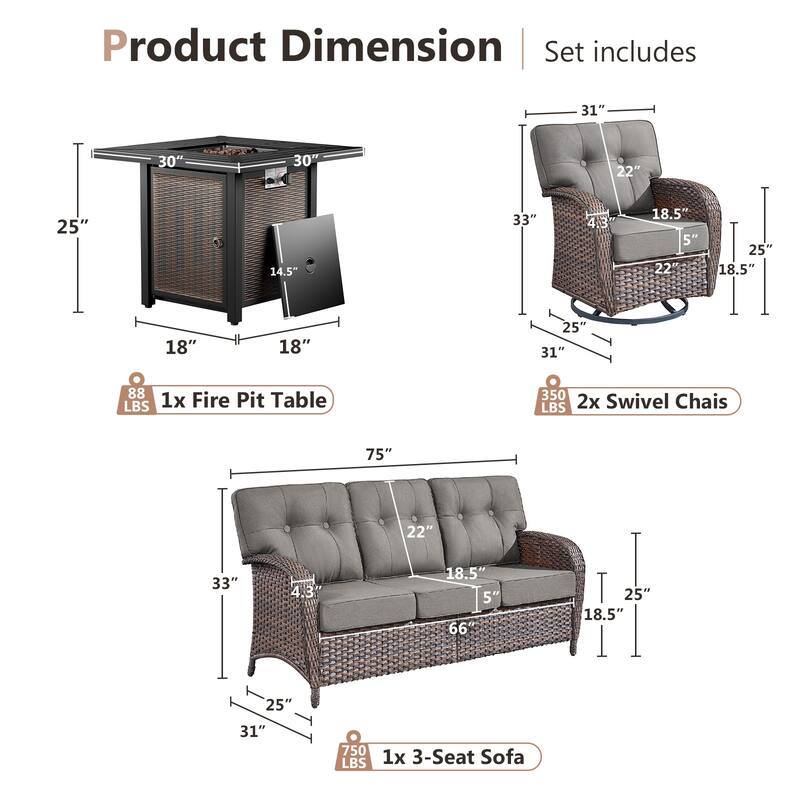 Pocassy Outdoor 30 In Fire Table with Sofa Swivel Chair Set