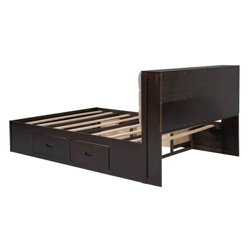Espresso Queen Size Wood Platform Bed with Storage Headboard, Shoe Rack and 4 Drawers