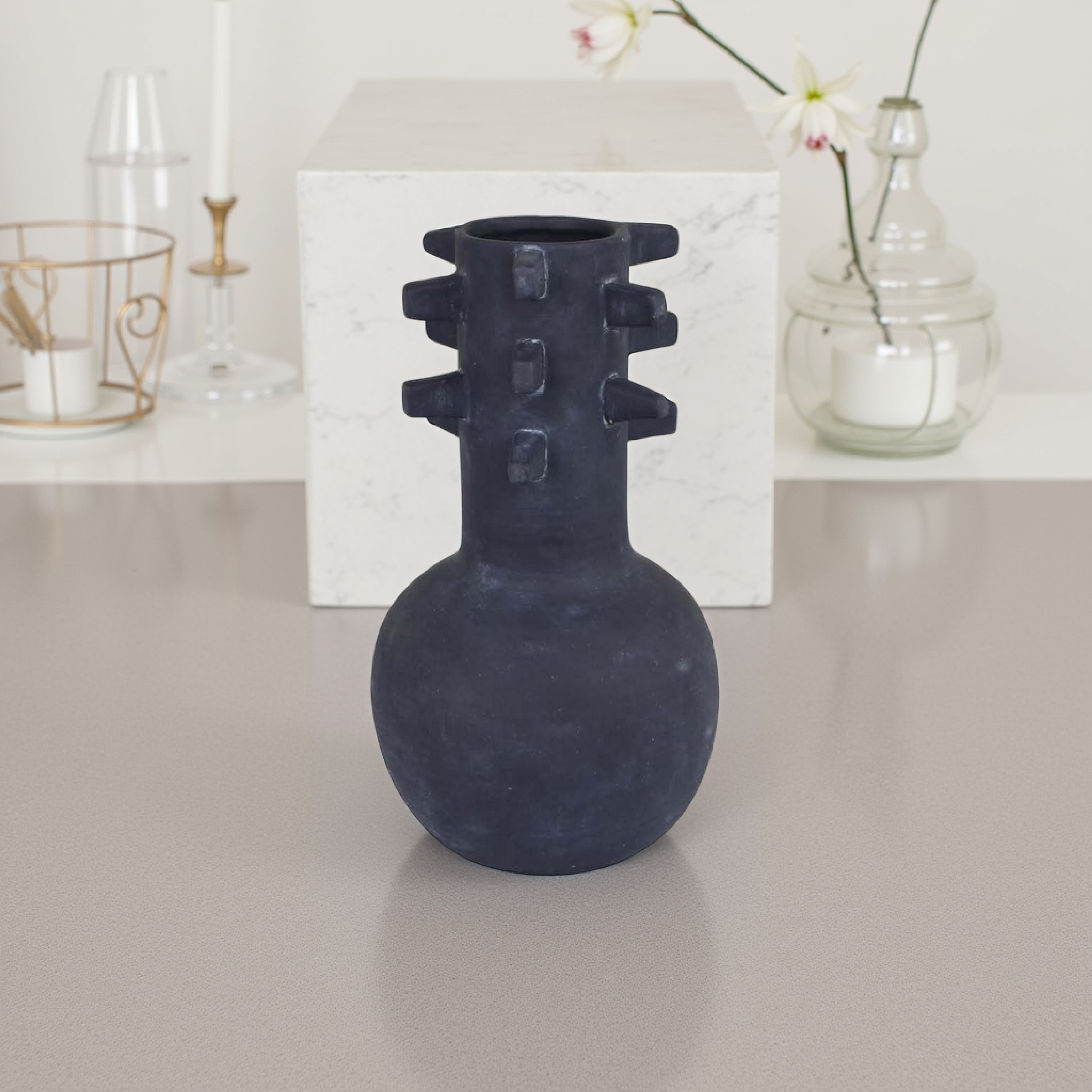 Enya Flower Vase, 3D Spike Accent Narrow Neck, Black Ceramic, 15 Inch