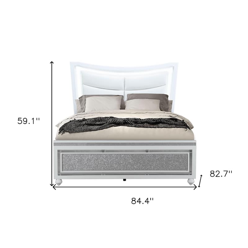 HomeRoots White and Silver Faux Crystal Bling Wood And Upholstery Lighted King Bed Frame