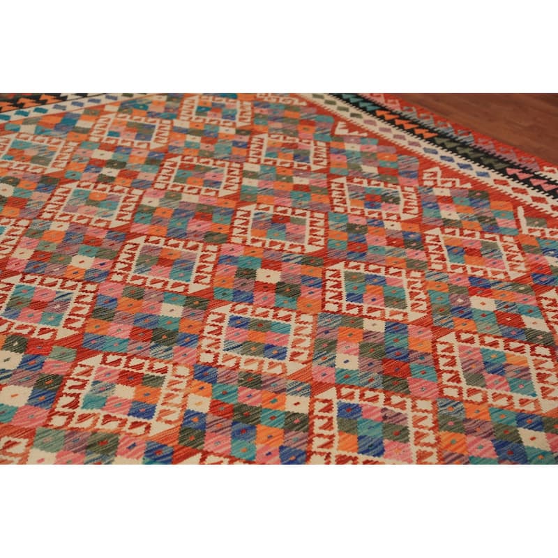 Orange Geometric Kilim Oriental Area Rug Wool Carpet - 8'5"x 11'4"