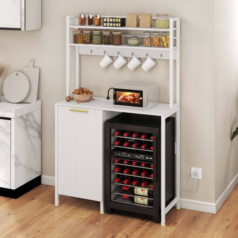 Kitchen Baker's Rack with Mini Fridge Space Trash Can Cabinet and Charger Station for Dorm or Small Space Organization