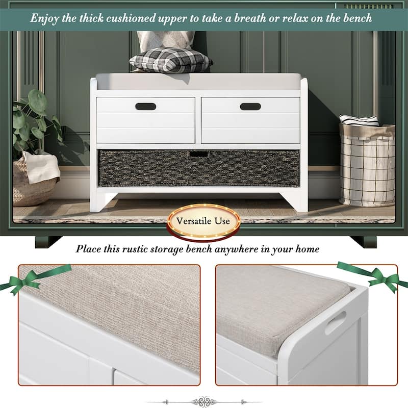 Merax Rustic Storage Bench with Removable Basket and Removable Cushion