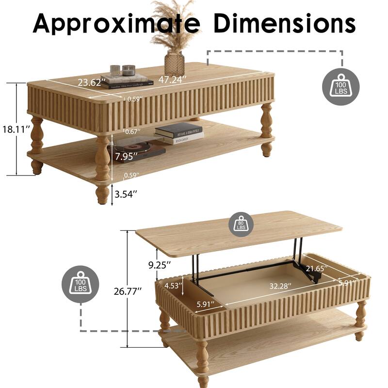 Rustic Style Lift-Top Coffee Table with Hidden & Open Storage