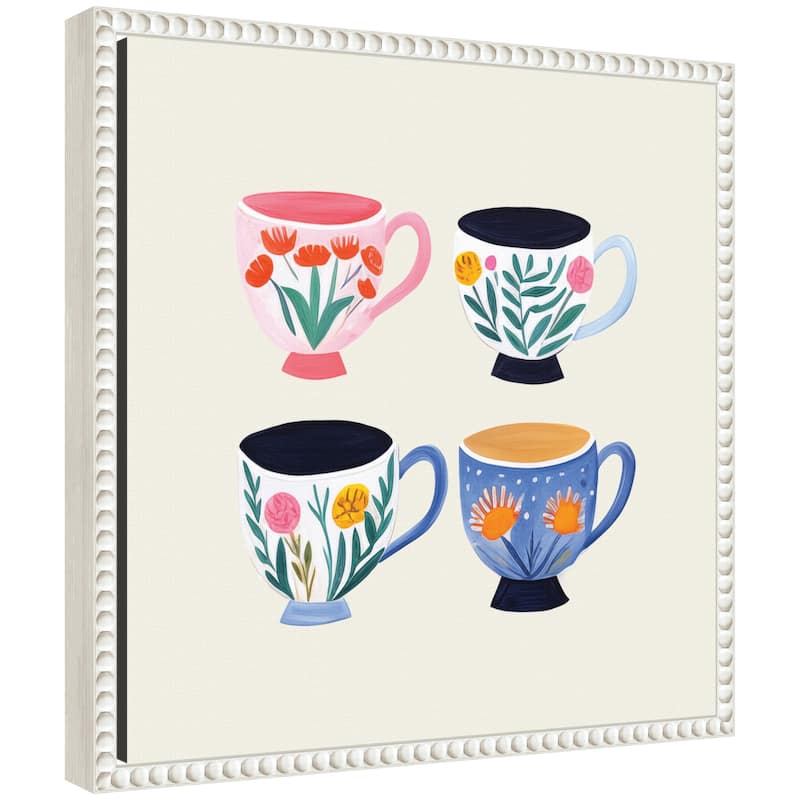Kate and Laurel Sylvie Botanical Coffee Shop Tea Cups 4 Cups Framed Canvas by The Creative Bunch Studio - 16x16