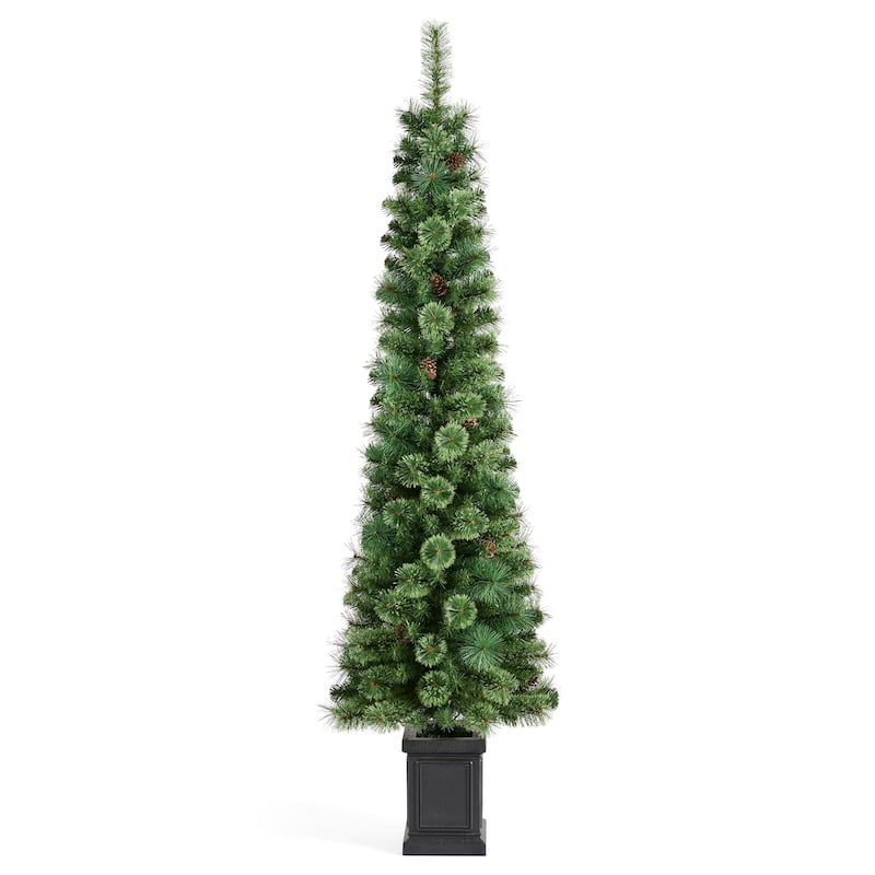 Glitzhome 5ft/6ft/7ft Pre-Lit Green Pine Christmas Potted Porch Tree with LED Lights and Remote Control