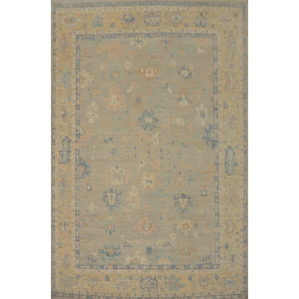 Vegetable Dye Wool Oushak Turkish Area Rug, Floral Geometric Carpet - 12' 5'' X 9' 3''