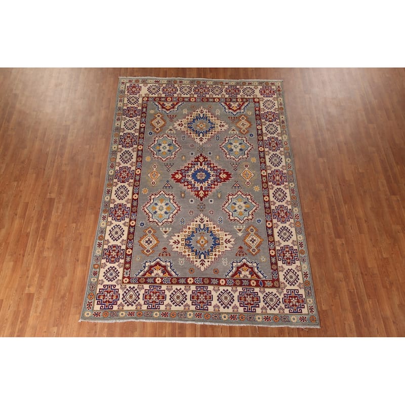 Gray Kazak Living Room Area Rug Hand-Knotted Wool Carpet - 6'9" x 10'2"