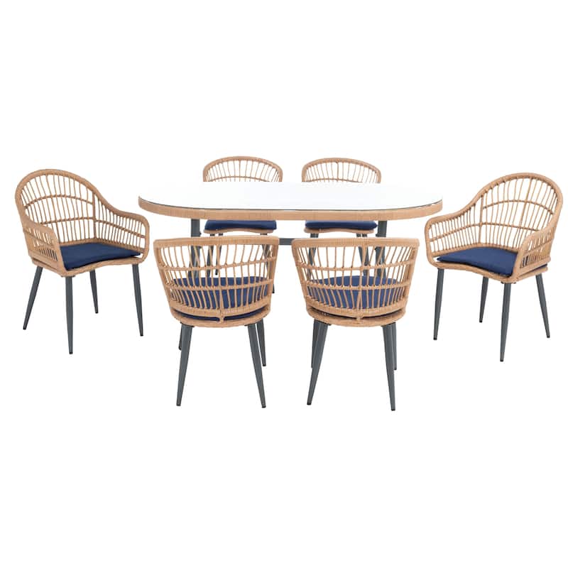 SAFAVIEH Outdoor Adison Genser 7-Piece Patio Dining Set - 63Wx37Dx29H - Natural/Navy