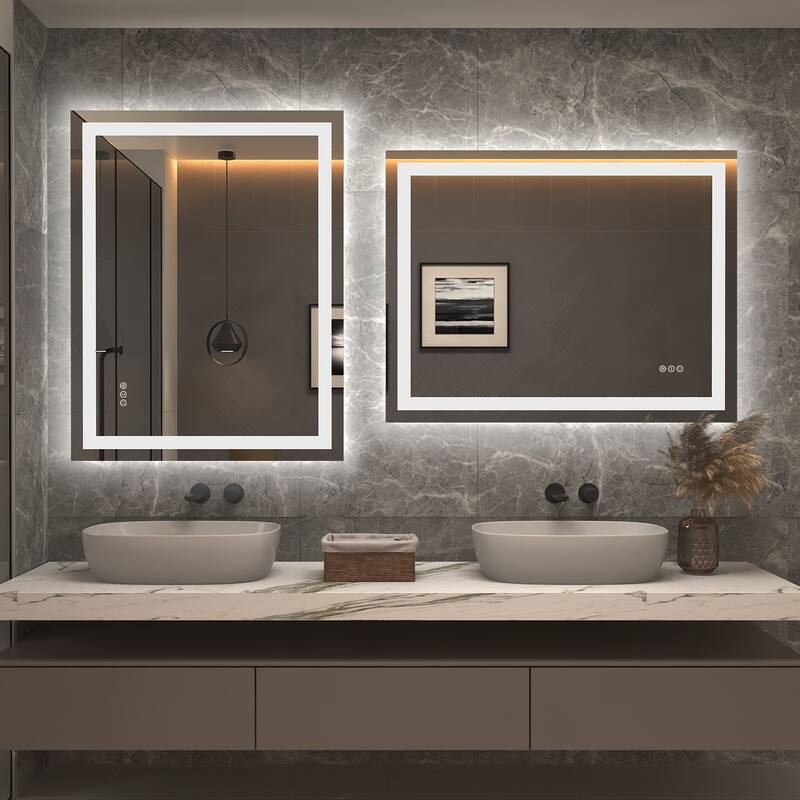Apmir Front & Back LED Lighted Anti-fog Wall Bathroom Vanity Mirror with Tempered Glass & ETL