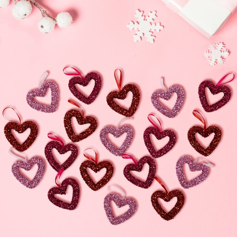 Set of 18 Shimmering Tinsel Hearts Valentine's Day Hanging Wall Decorations 4"