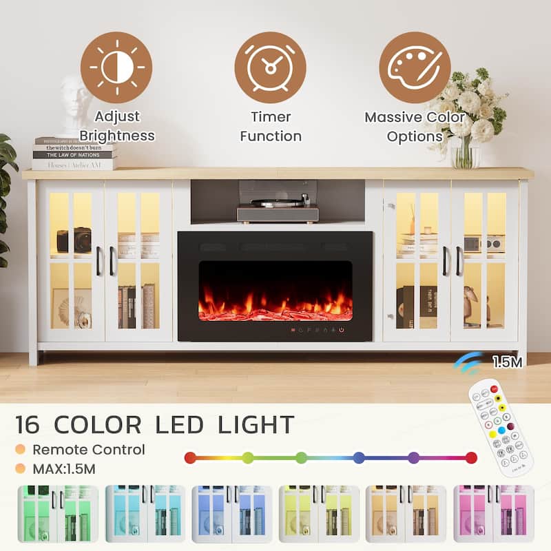 EROMMY 78"/ 97" Fireplace TV Stand with Electric Fireplace, Farmhouse Media Console with LED Lights, Glass Doors