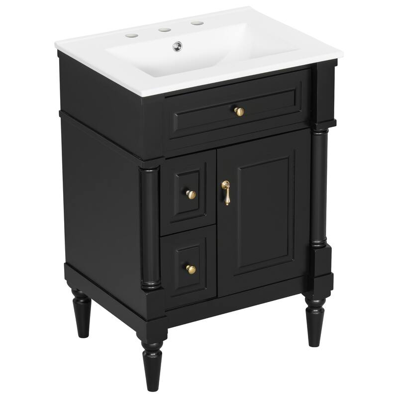 Roomfitters 24" Bathroom Vanity with Sink, Solid Wood Frame, Flip Drawer, 2 Drawers & Door Rack