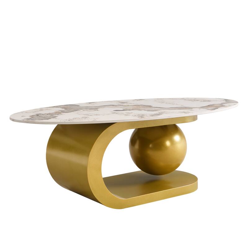 47.2" Modern Oval Coffee Table with Marble Pattern Top and Gold Stainless Steel Base