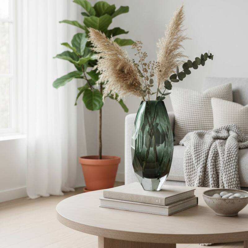 Aria Home Smoky Gray Cut Glass Vase Art Deco Geometric Design Décor