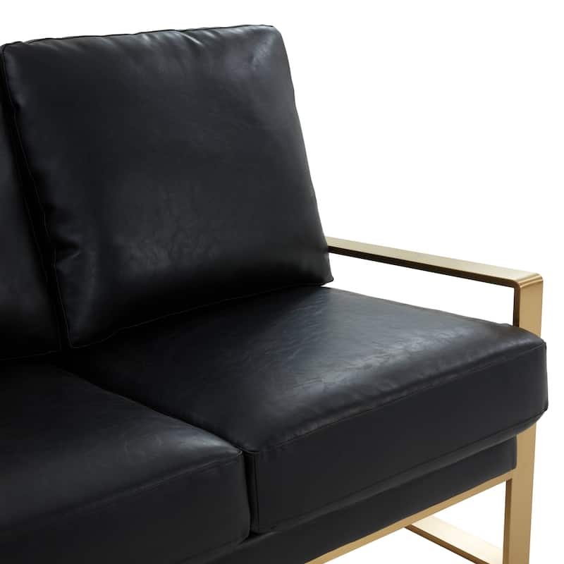 Jefferson Modern Leather Loveseat Gold with Gold Metal Base, Cushion Seating, Pocket Springs, and Protective Floor Pads - 53.1
