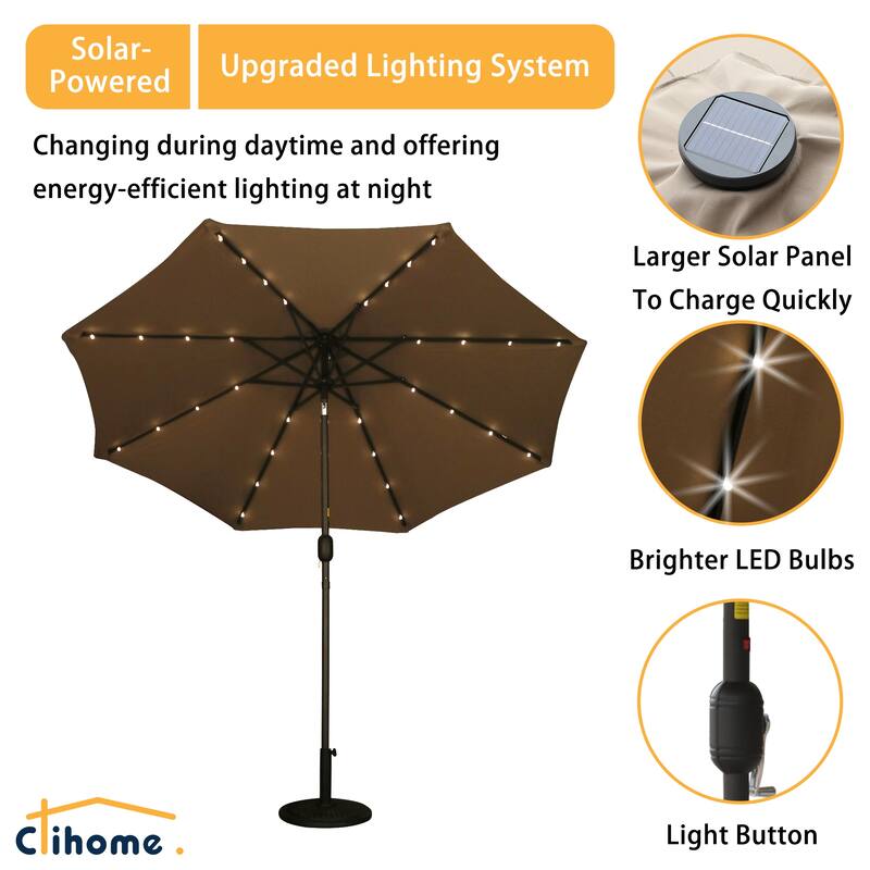 Clihome 9-Ft Outdoor 32 LED Solar Market Umbrella with Tilt & Crank