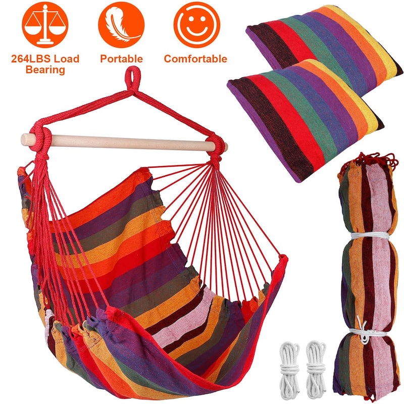 Cotton Canvas Swing Seat Hanging Hammock Chair with Pillows and Wooden Bar for Indoor or Outdoor - 39” x 51”