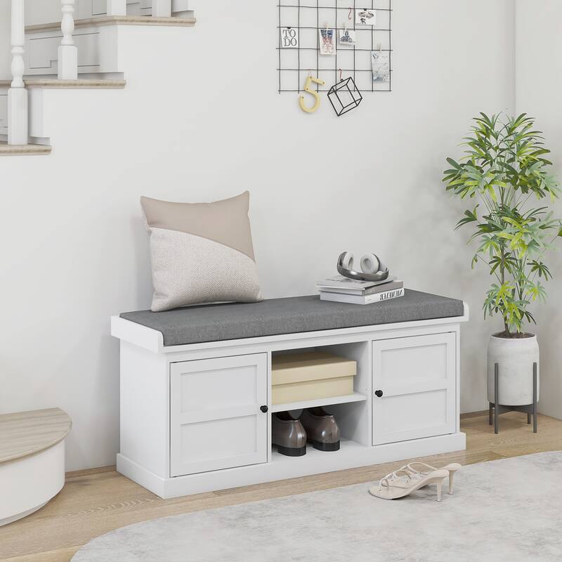 HOMCOM White Shoe Storage Bench with Padded Seat, 2 Cabinets and Adjustable Shelf - White