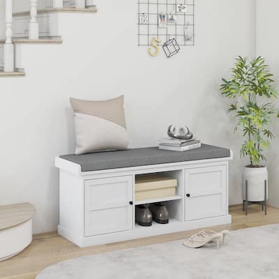 HOMCOM White Shoe Storage Bench with Padded Seat, 2 Cabinets and Adjustable Shelf