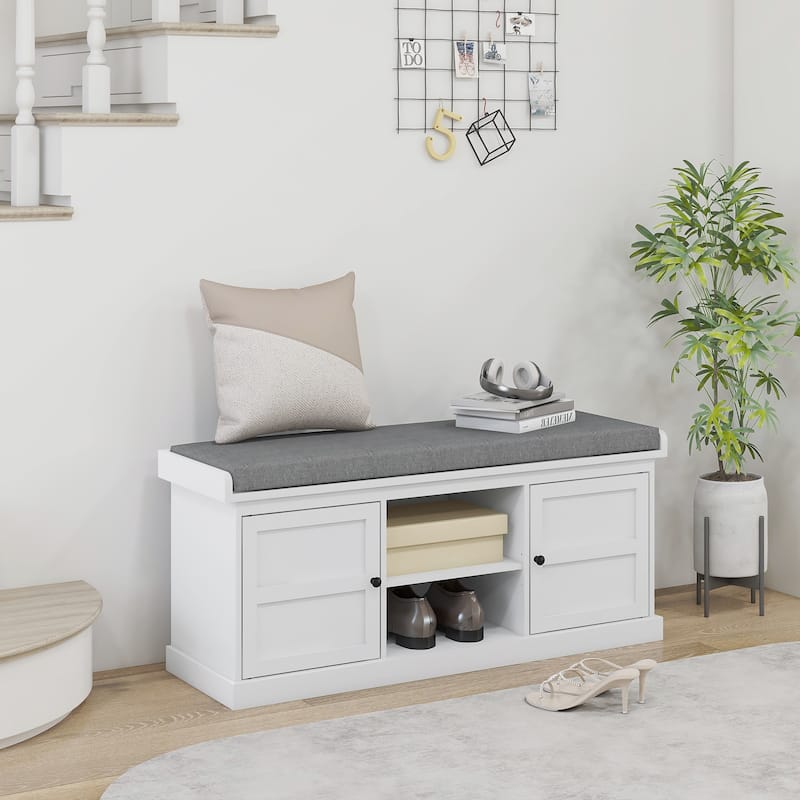 Shoe Storage Bench with Cushion Two Cabinets and Adjustable Shelves Modern Entryway Organizer in White or Gray - White