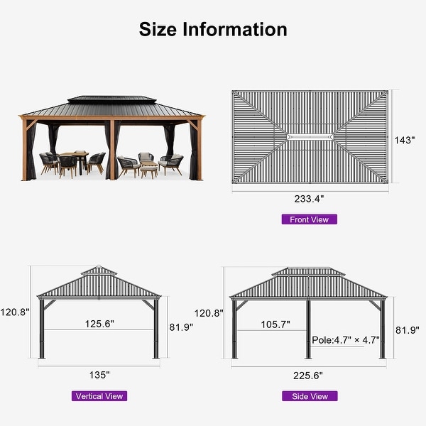 PURPLE LEAF Hardtop Gazebo Galvanized Steel Roof Gazebo Pergola w Wooden  Coated Alumninum Frame and Mosquito Net - On Sale - Bed Bath & Beyond -  37421781