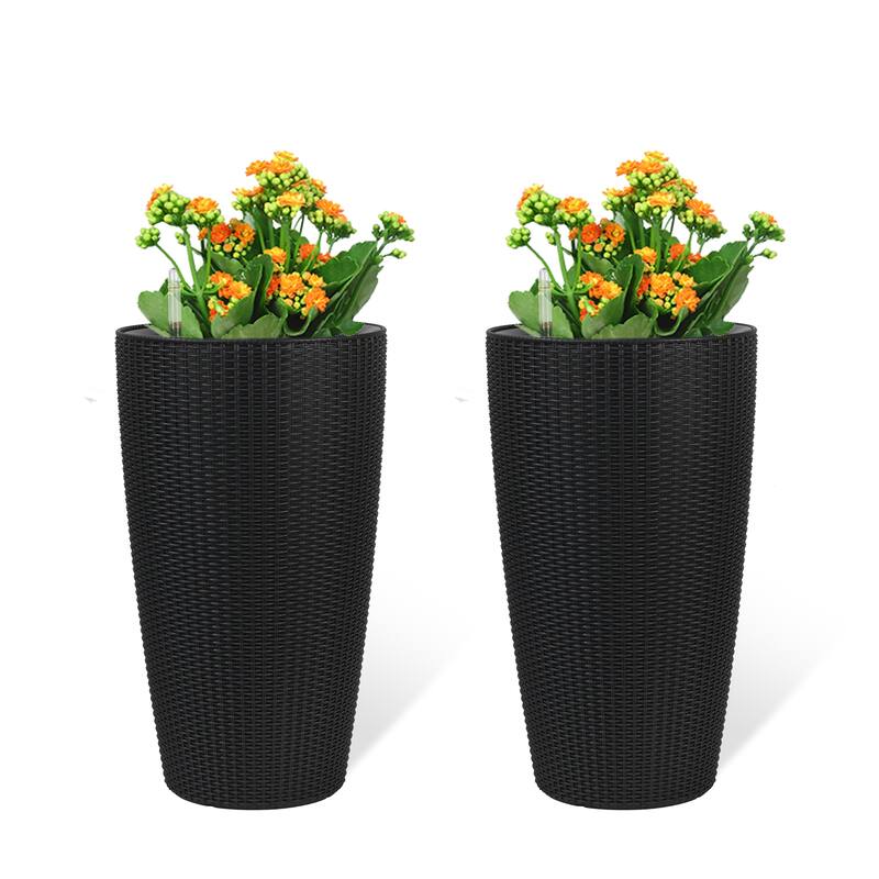 Faux Rattan Tall Planters Set of 2, Large Planters with Water Level Monitor Inner Bucket